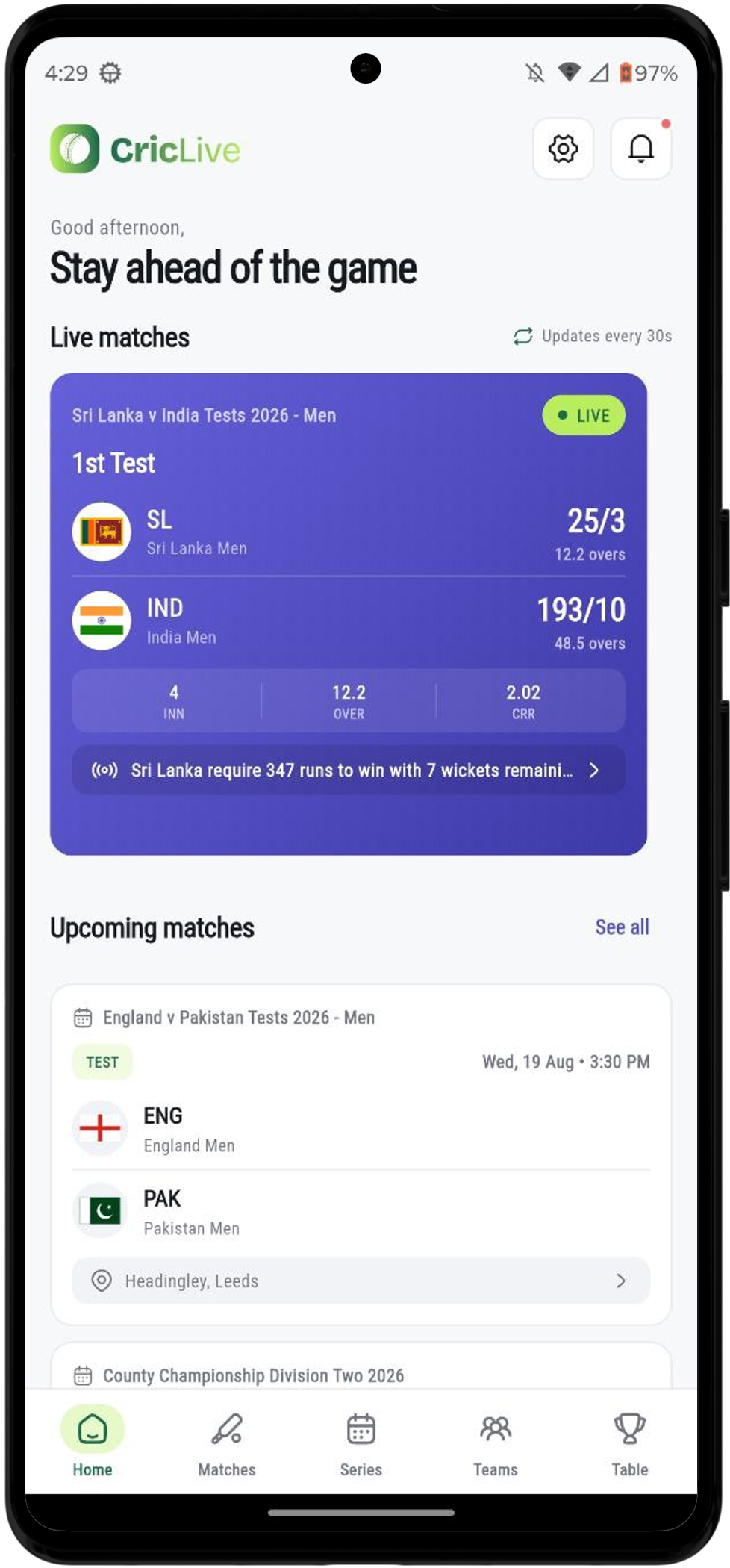 CricLive home screen showing a live Sri Lanka versus India cricket match